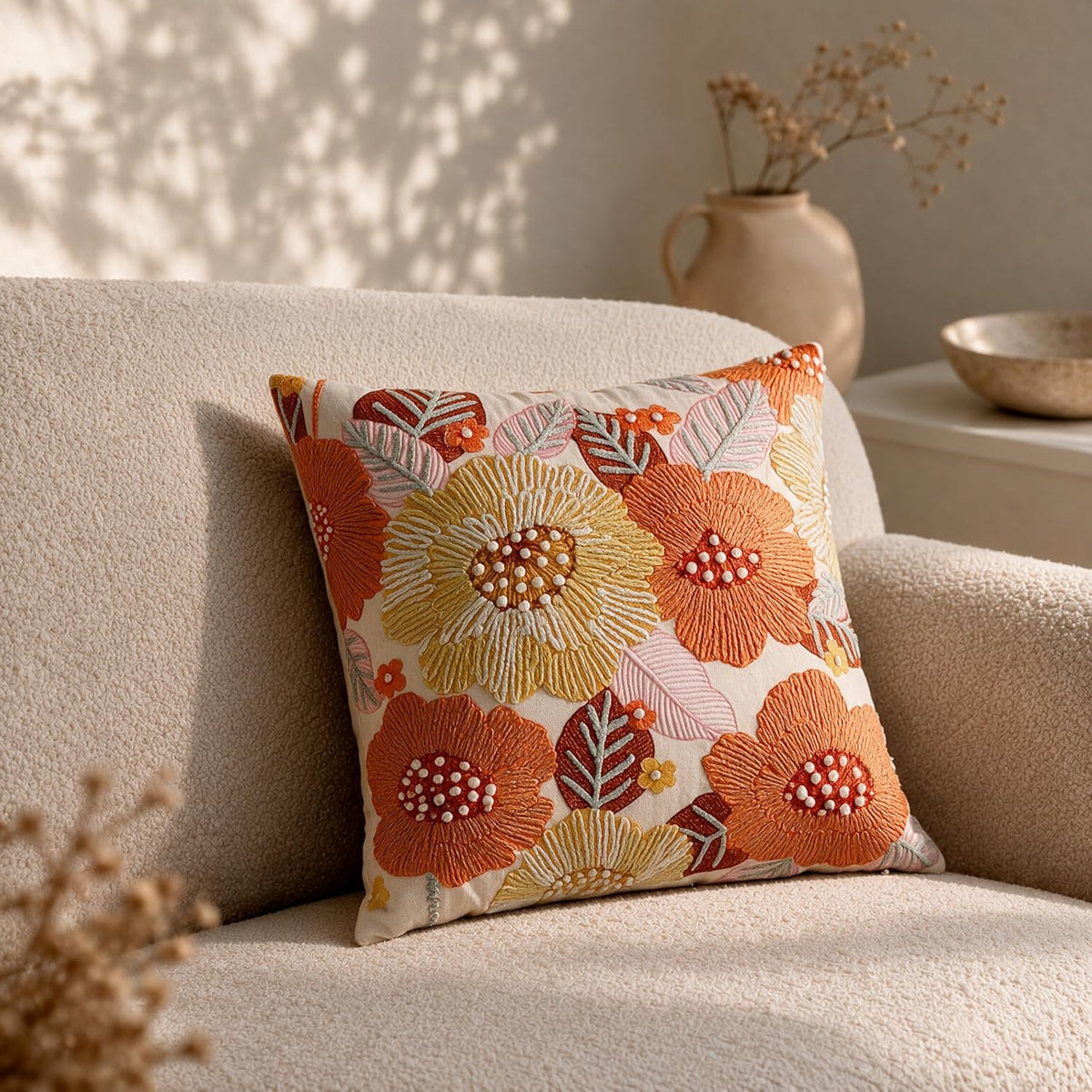HOKIPO Printed Cushion Cover with Embroidery, Tropical Bloom Orange, 16 x 16 in - image 1