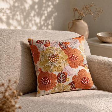 HOKIPO Printed Cushion Cover with Embroidery, Tropical Bloom Orange, 16 x 16 in - image 1