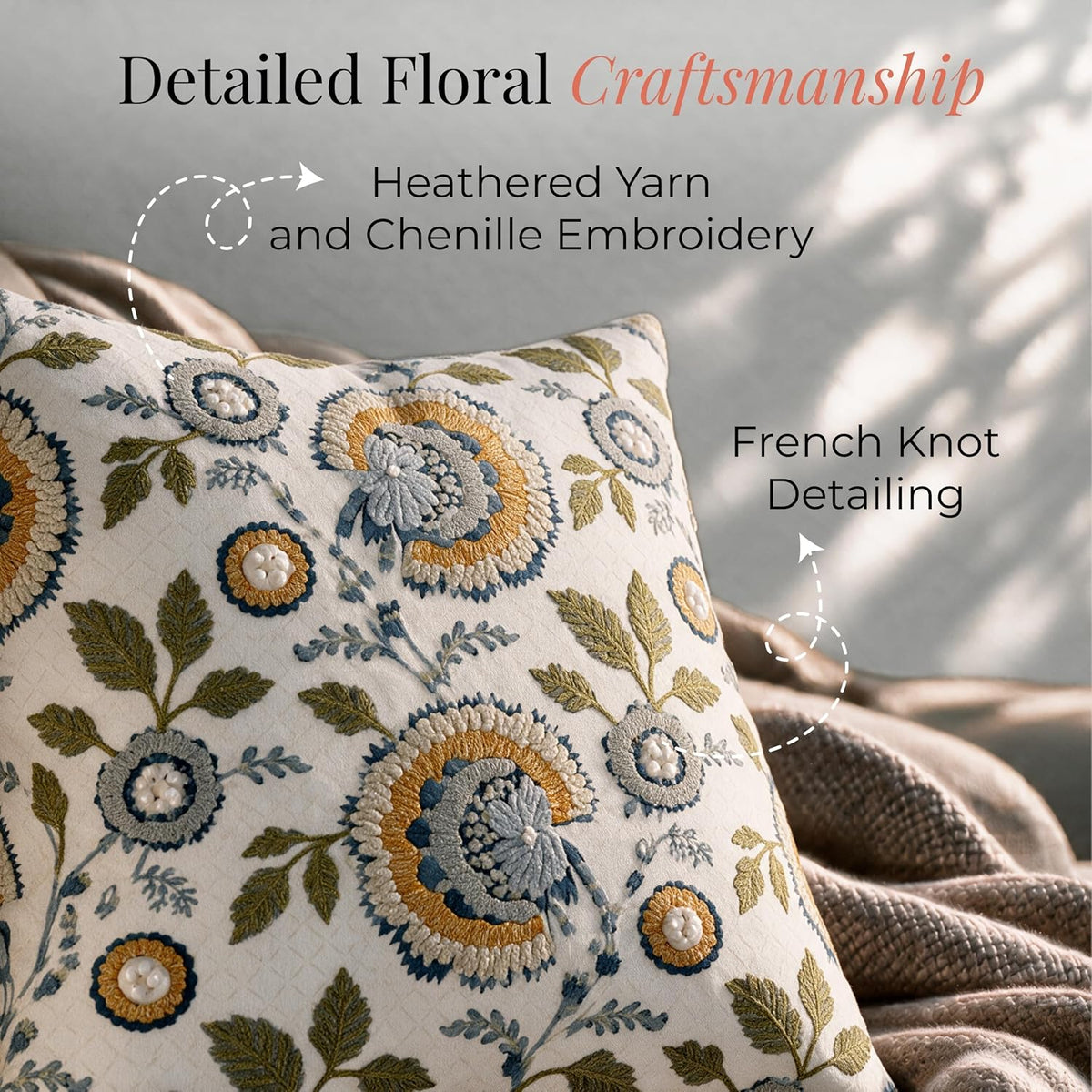 HOKIPO Chenille Embroidered Cushion Cover, Floral Motif Sage Blue, 16 x 16 in - image 3