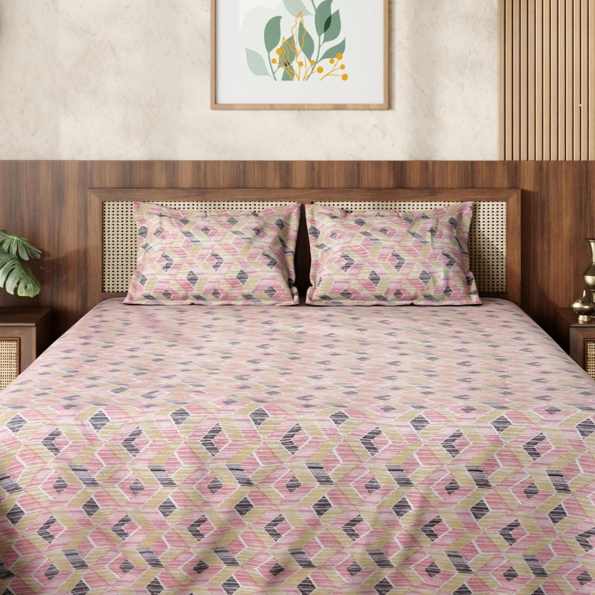 HOKIPO King Size Cotton Bedsheet, 2 Pillow Covers, Geometric, Blush Sand - image 9