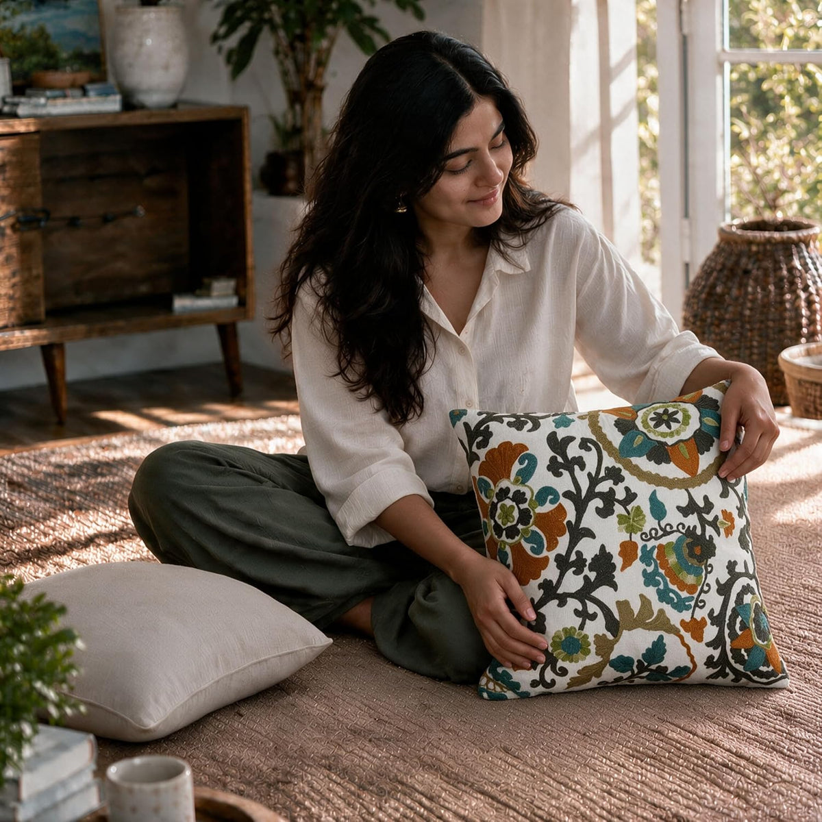 HOKIPO Crewel Embroidered Cushion Cover, Botanical Vine Grey, 16 x 16 in - image 7