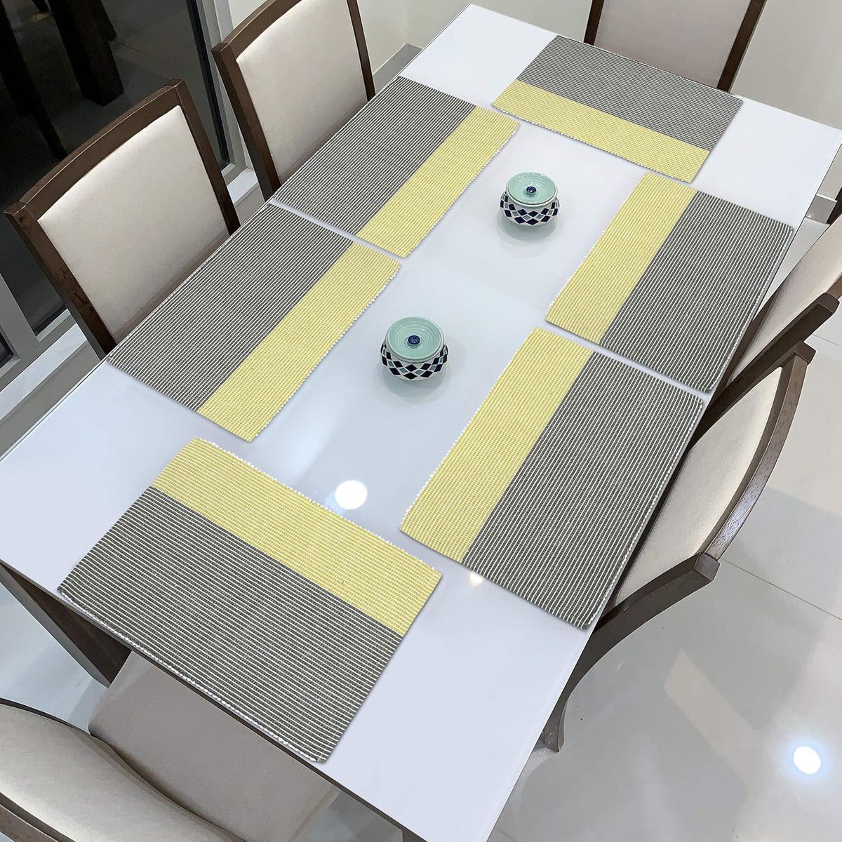 Ribbed Cotton Heat Resistant Dining Table Mat, Yellow & Grey