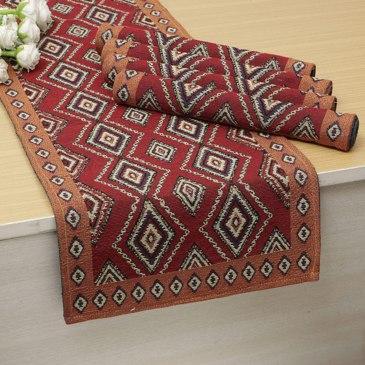 Cotton Jacquard Dining Table Mats, Red Diamond