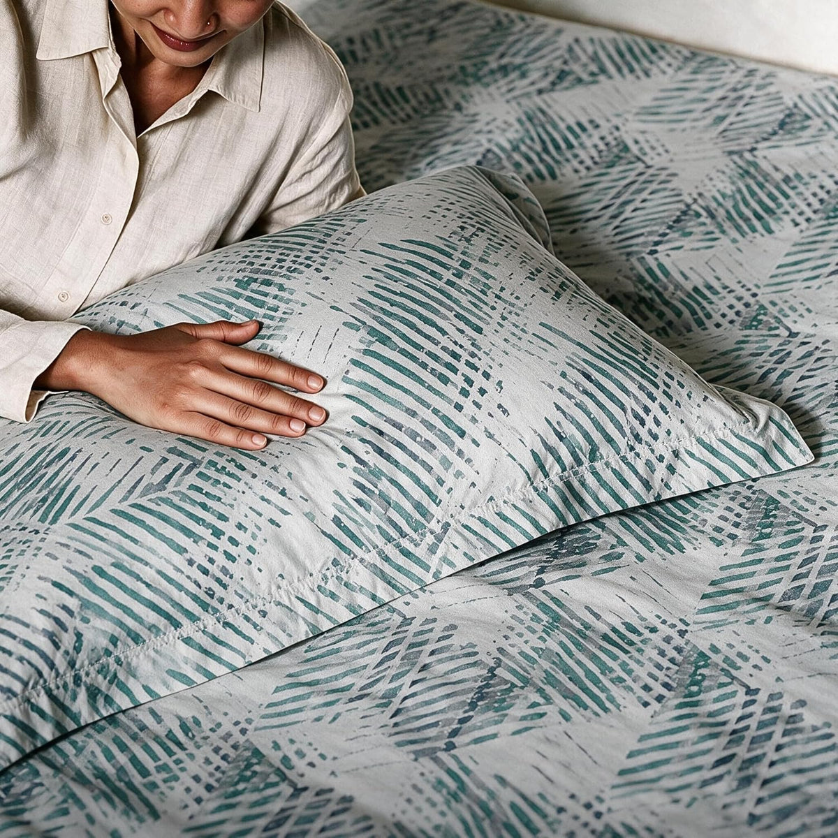 HOKIPO Geometric 300 TC Cotton Sateen Flat Bedsheet, King Size, Teal Grey - image 7