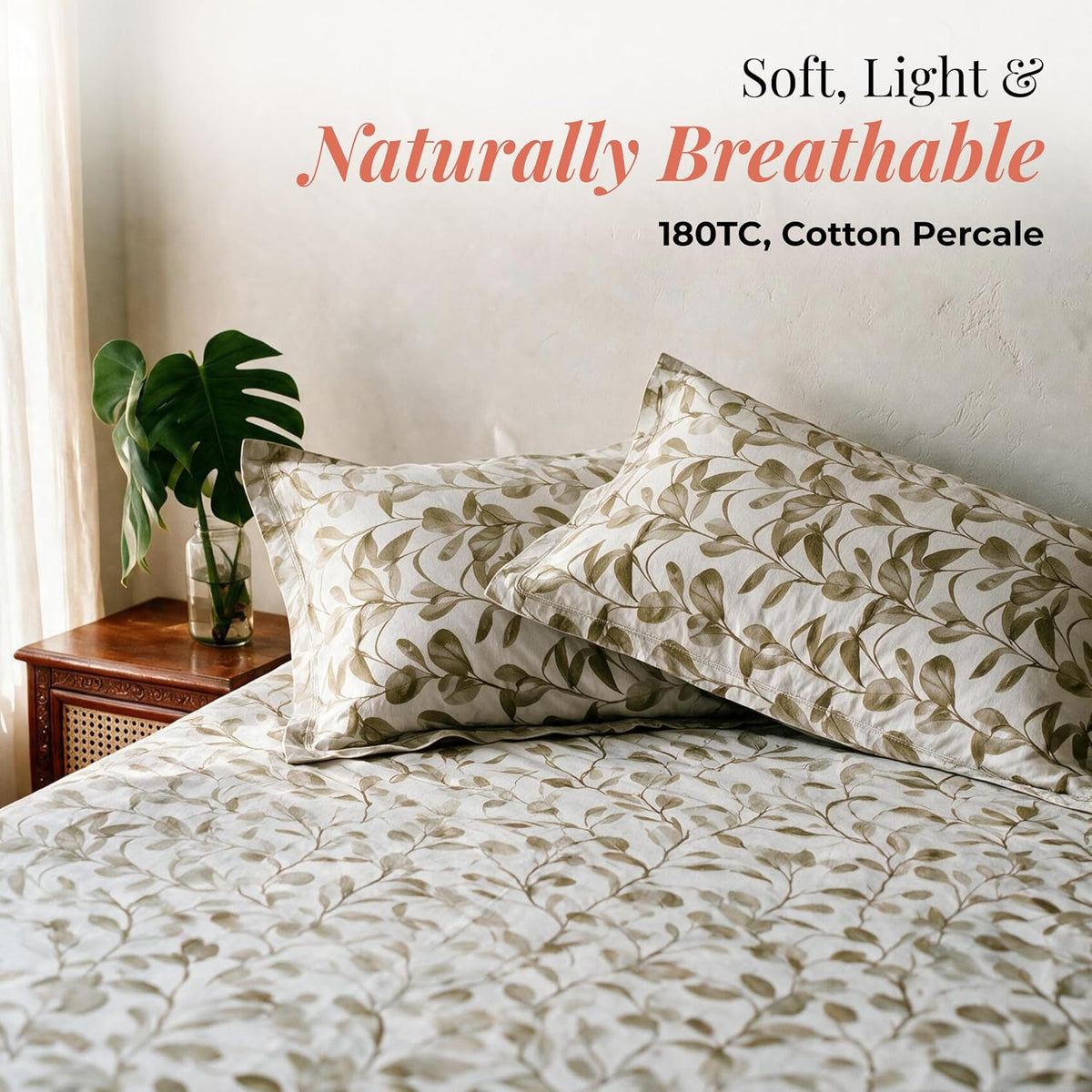 HOKIPO Botanical 180 TC Cotton Percale Flat Bedsheet, King Size, Seaweed - image 2