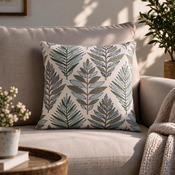 HOKIPO Printed Cushion Cover with Crewel Embroidery, Botanical Leaf Ivory, 16 x 16 in - image 1