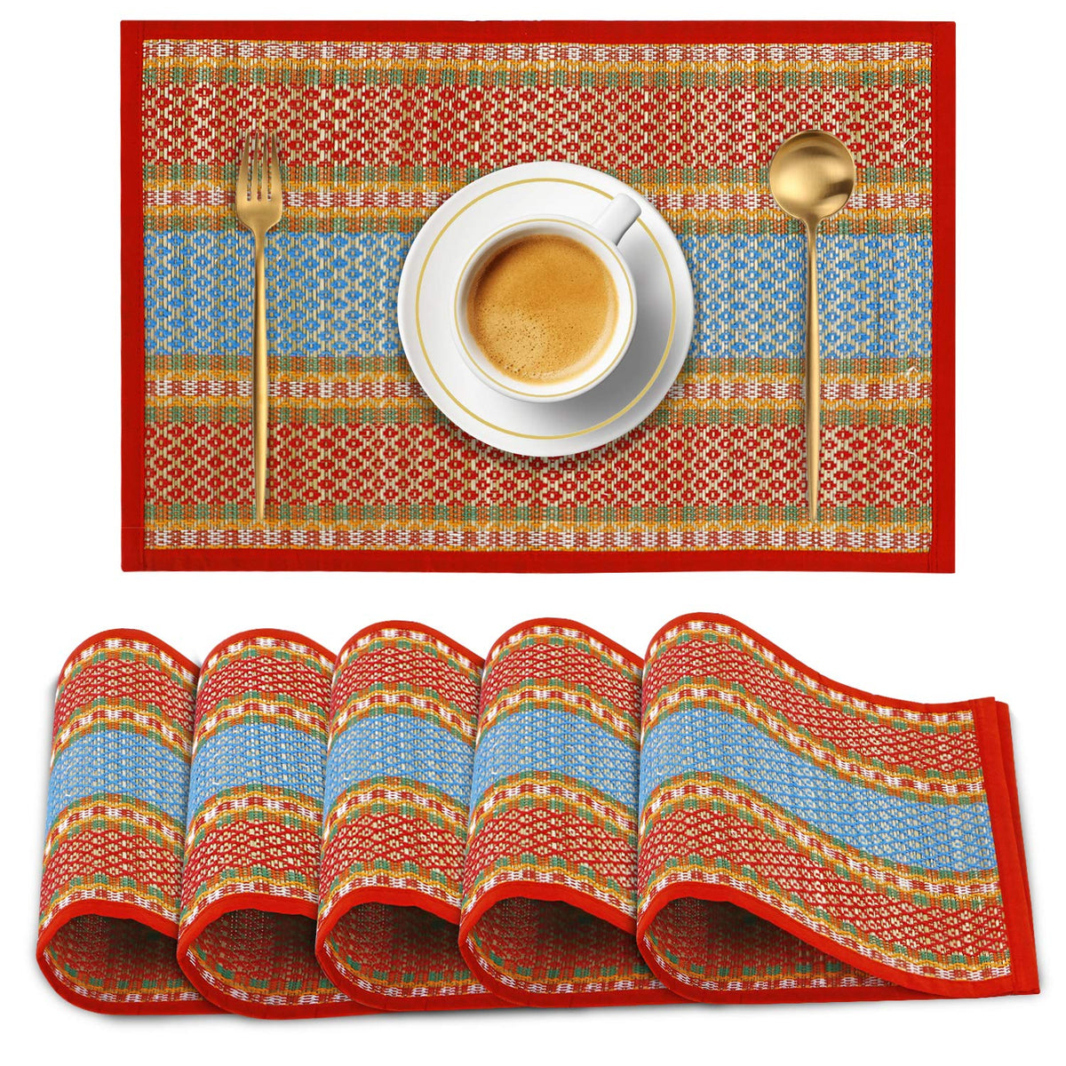 Handmade Madurkathi River Grass Dining Table Mats, Red