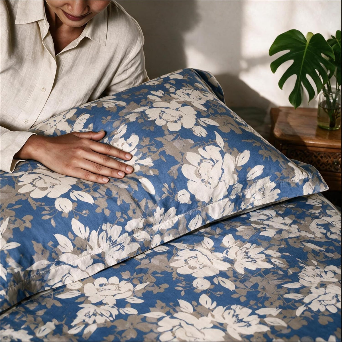 HOKIPO Floral 210 TC Cotton Sateen Flat Bedsheet, King, Beige & Ivory - image 7