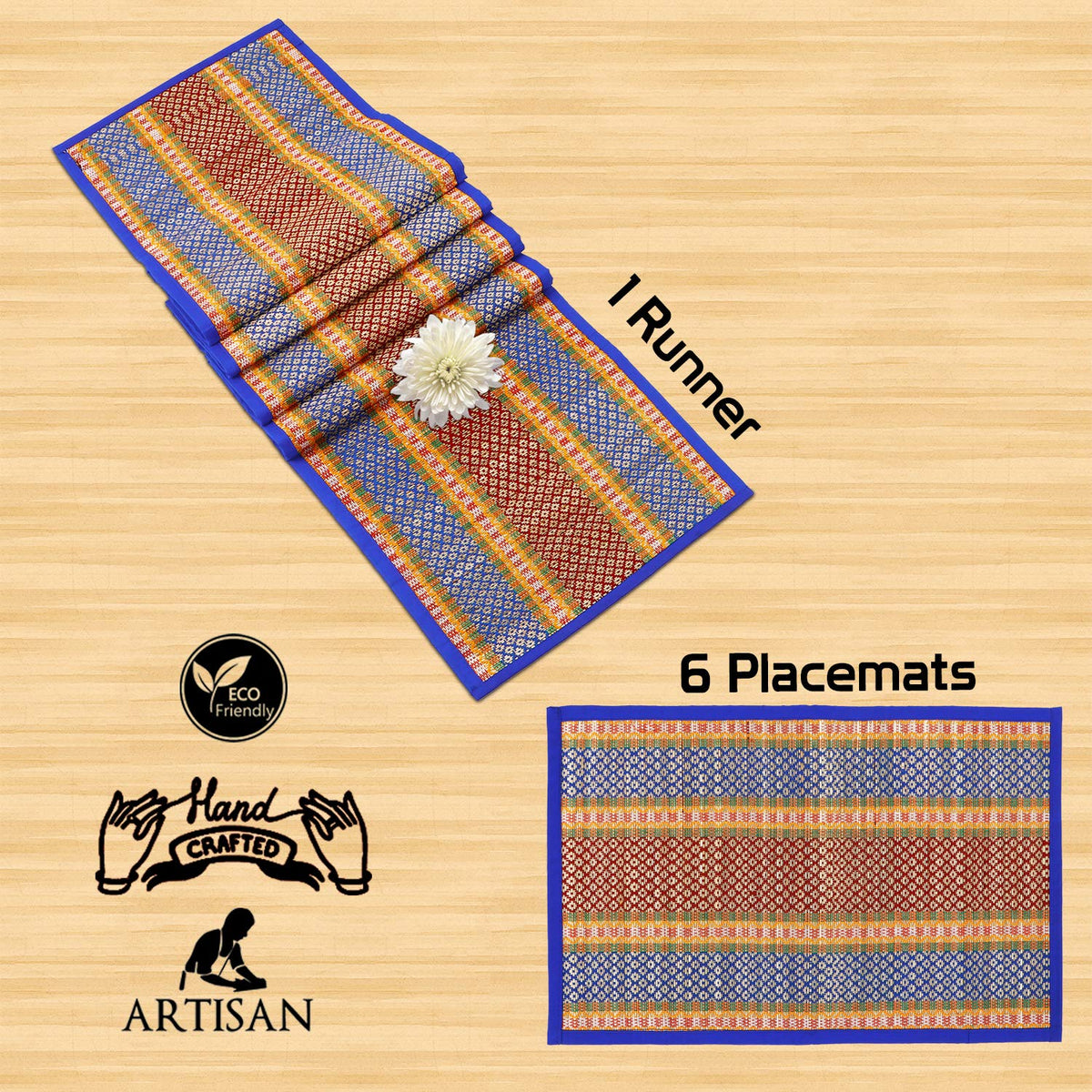 Handmade Madurkathi River Grass Dining Table Mats, Blue