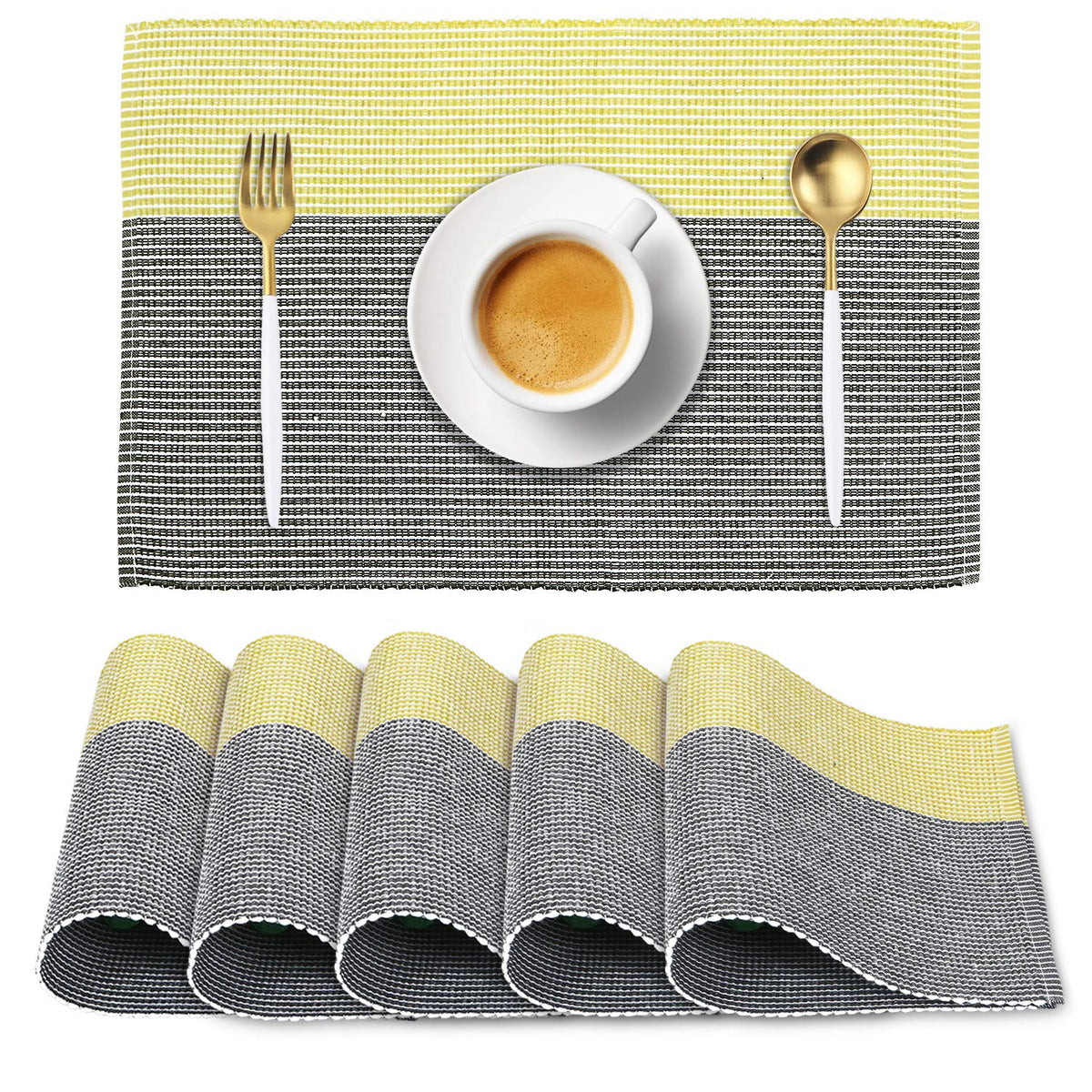 Ribbed Cotton Heat Resistant Dining Table Mat, Yellow & Grey