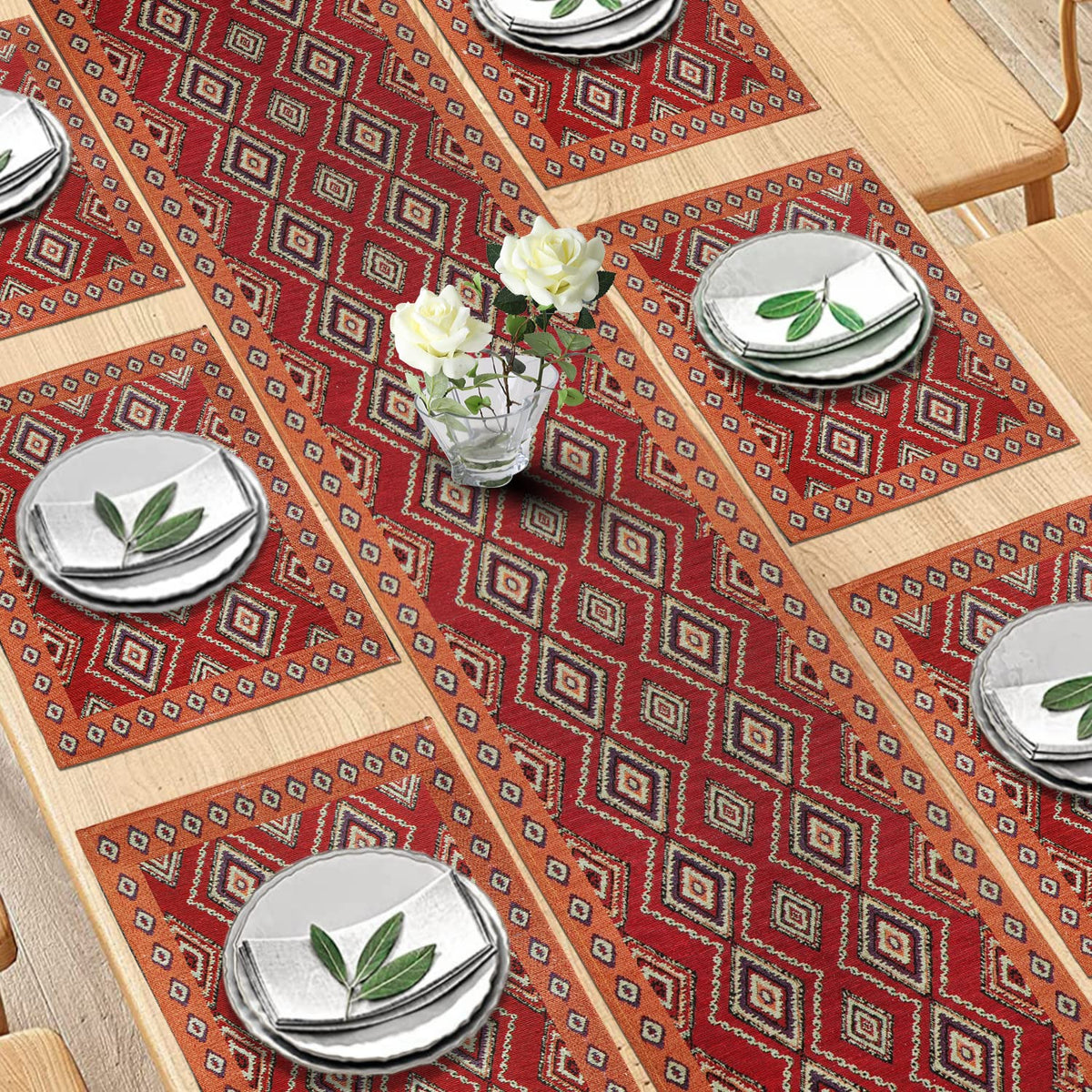 Cotton Jacquard Dining Table Mats, Red Diamond