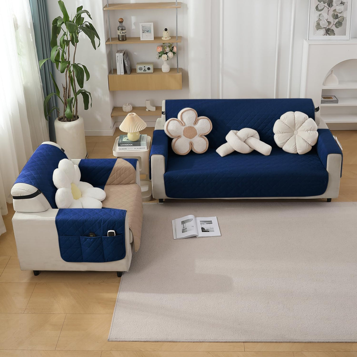Navy Blue Colour Quilted Waterproof Sofa Mat | Hokipo