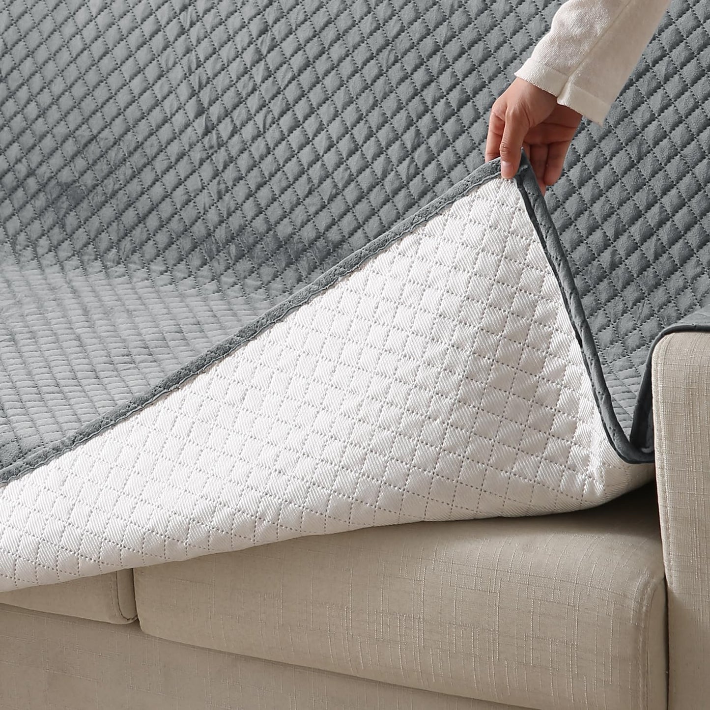Quilted Velvet Sofa Cover Mat with Side Pockets, Pet Friendly, Fossil Grey