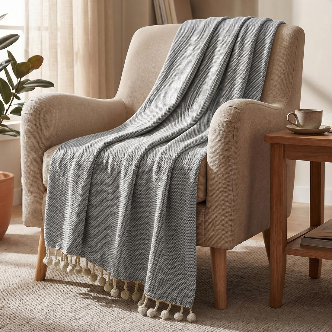HOKIPO Oasis Palm Diamond Weave Sofa Throw Blanket, 50x60 in, Dove Grey - image 1