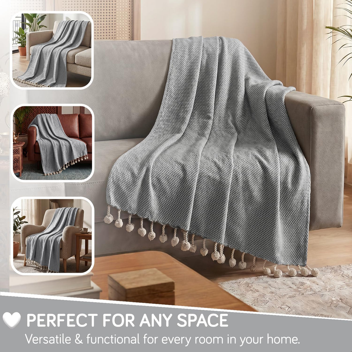 HOKIPO Oasis Palm Diamond Weave Sofa Throw Blanket, 50x60 in, Dove Grey - image 4
