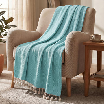 HOKIPO Oasis Palm Diamond Weave Sofa Throw Blanket, 50x60 in, Lagoon Mist - image 1