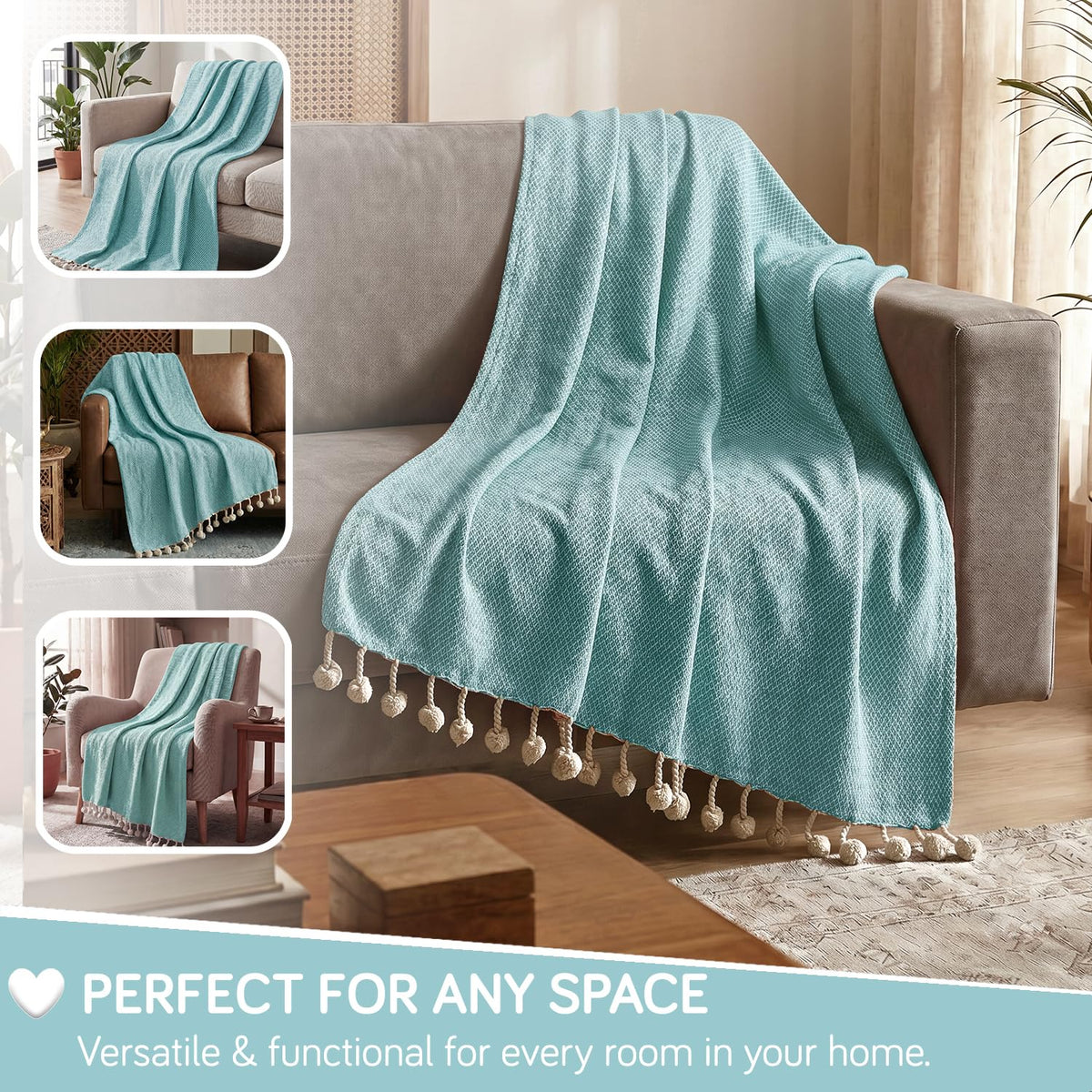 HOKIPO Oasis Palm Diamond Weave Sofa Throw Blanket, 50x60 in, Lagoon Mist - image 4