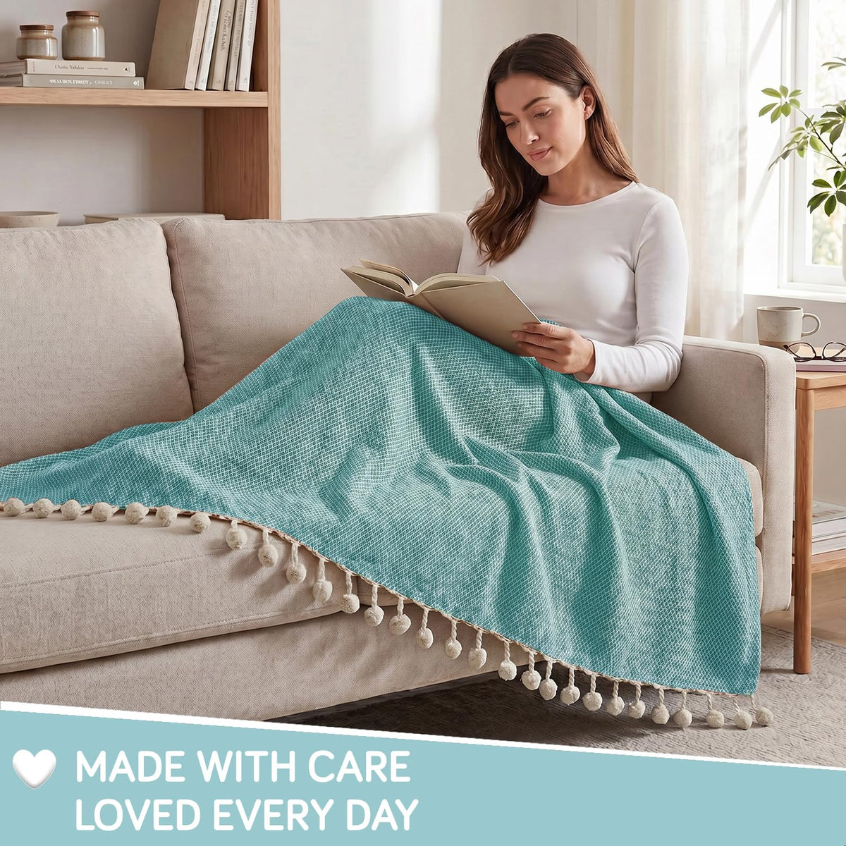 HOKIPO Oasis Palm Diamond Weave Sofa Throw Blanket, 50x60 in, Lagoon Mist - image 5