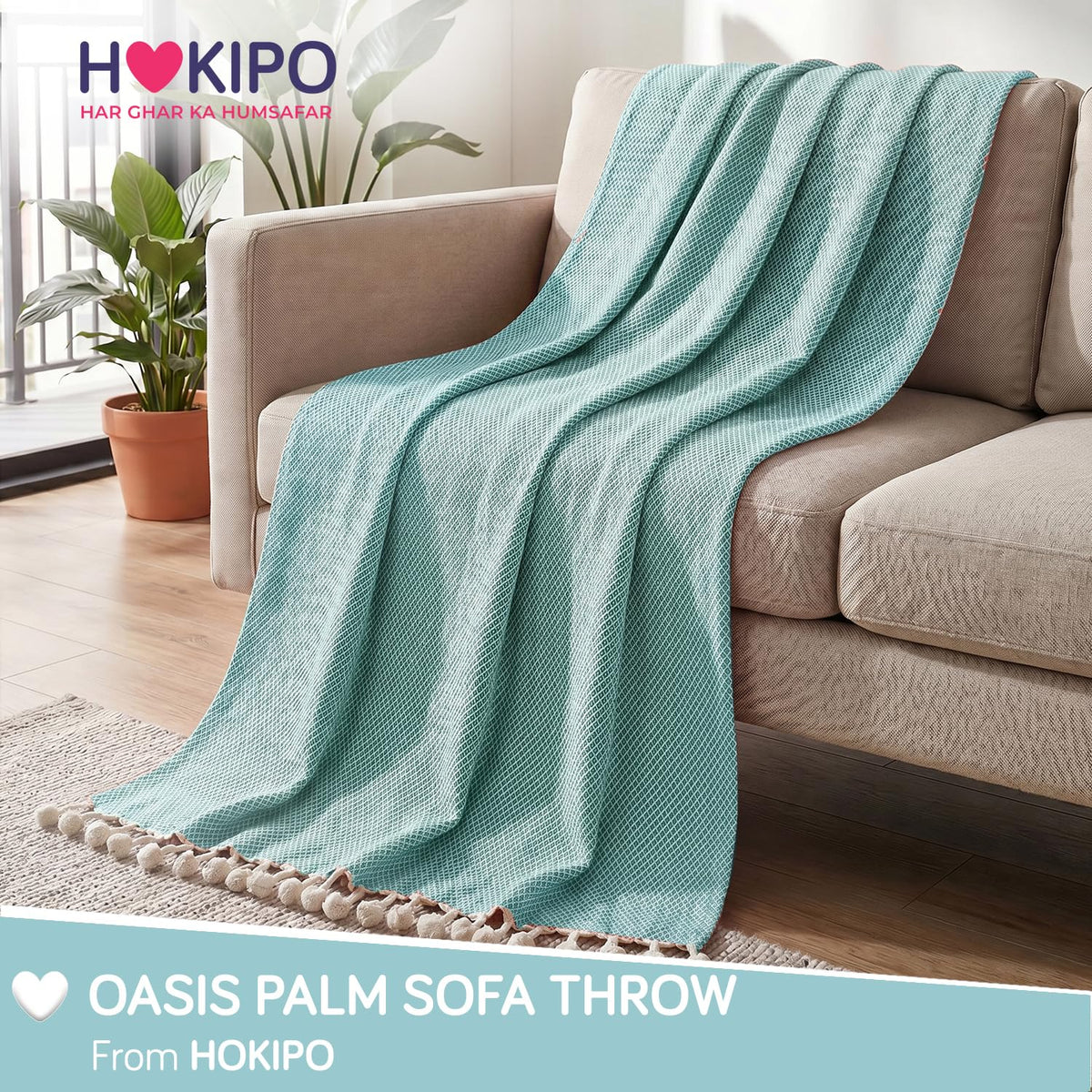 HOKIPO Oasis Palm Diamond Weave Sofa Throw Blanket, 50x60 in, Lagoon Mist - image 7