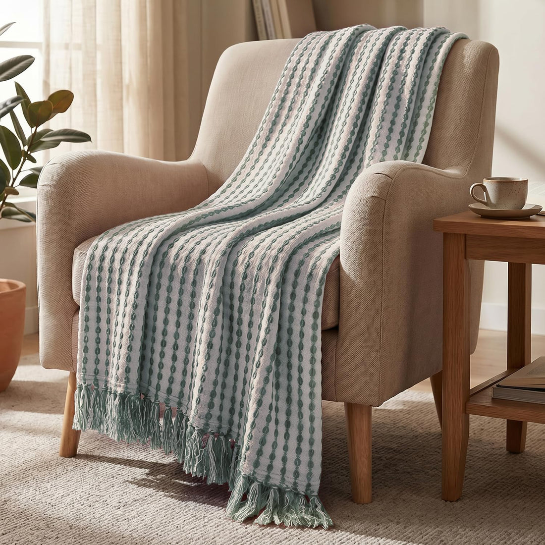 HOKIPO Willow Breeze Chain Stripe Sofa Throw Blanket, 50x60 in, Sage Mint - image 1