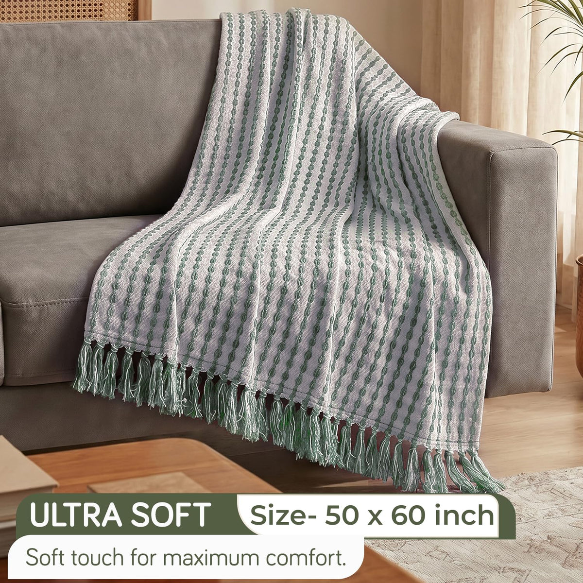 HOKIPO Willow Breeze Chain Stripe Sofa Throw Blanket, 50x60 in, Sage Mint - image 4