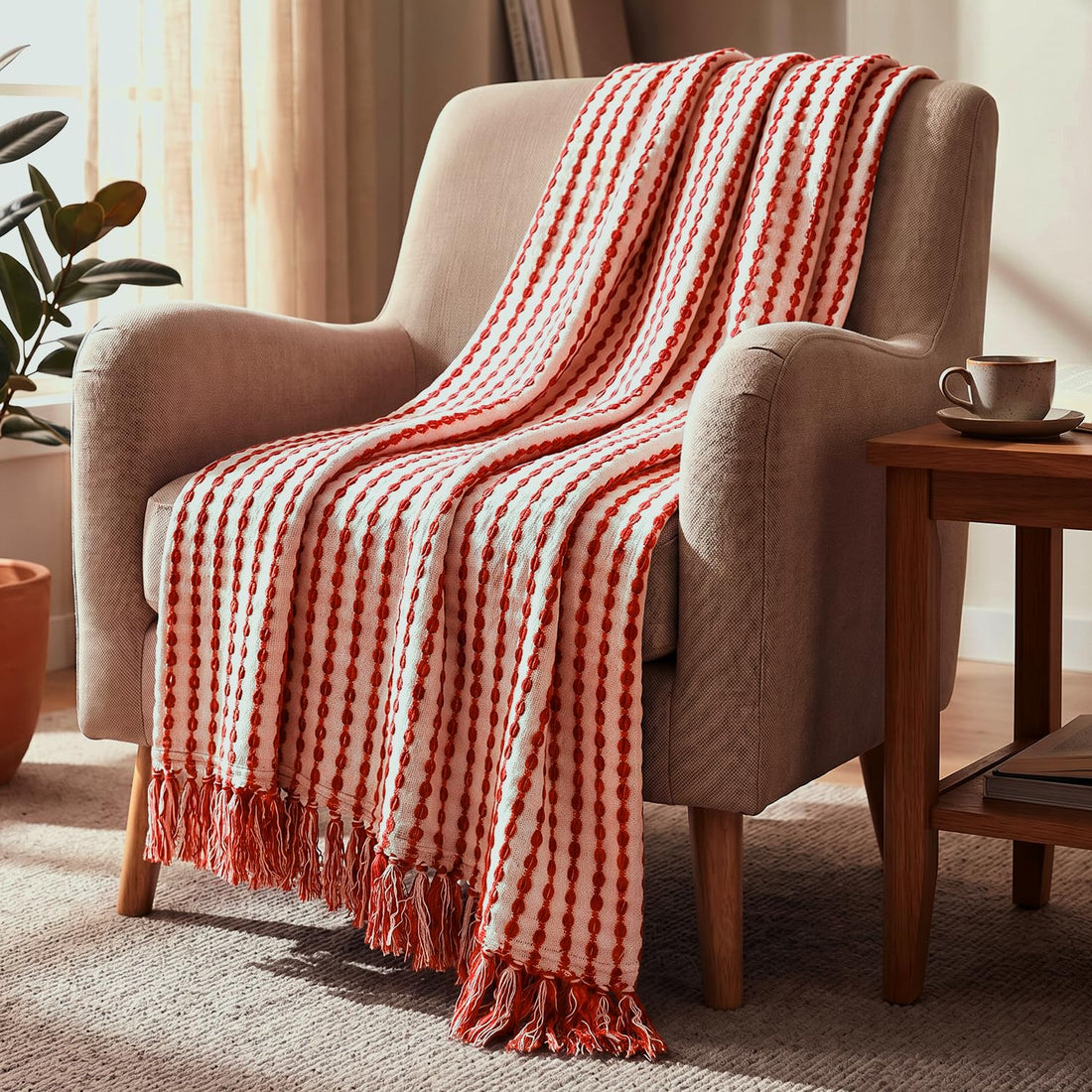 HOKIPO Willow Breeze Chain Stripe Sofa Throw Blanket, 50x60 in, Burnt Coral - image 1