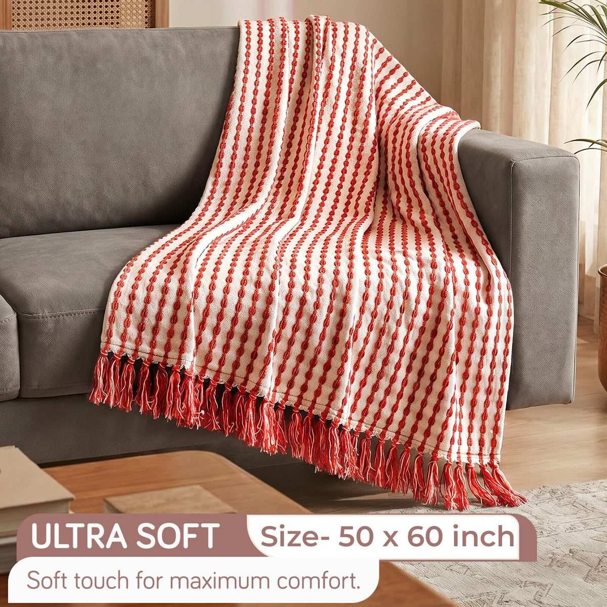 HOKIPO Willow Breeze Chain Stripe Sofa Throw Blanket, 50x60 in, Burnt Coral - image 4