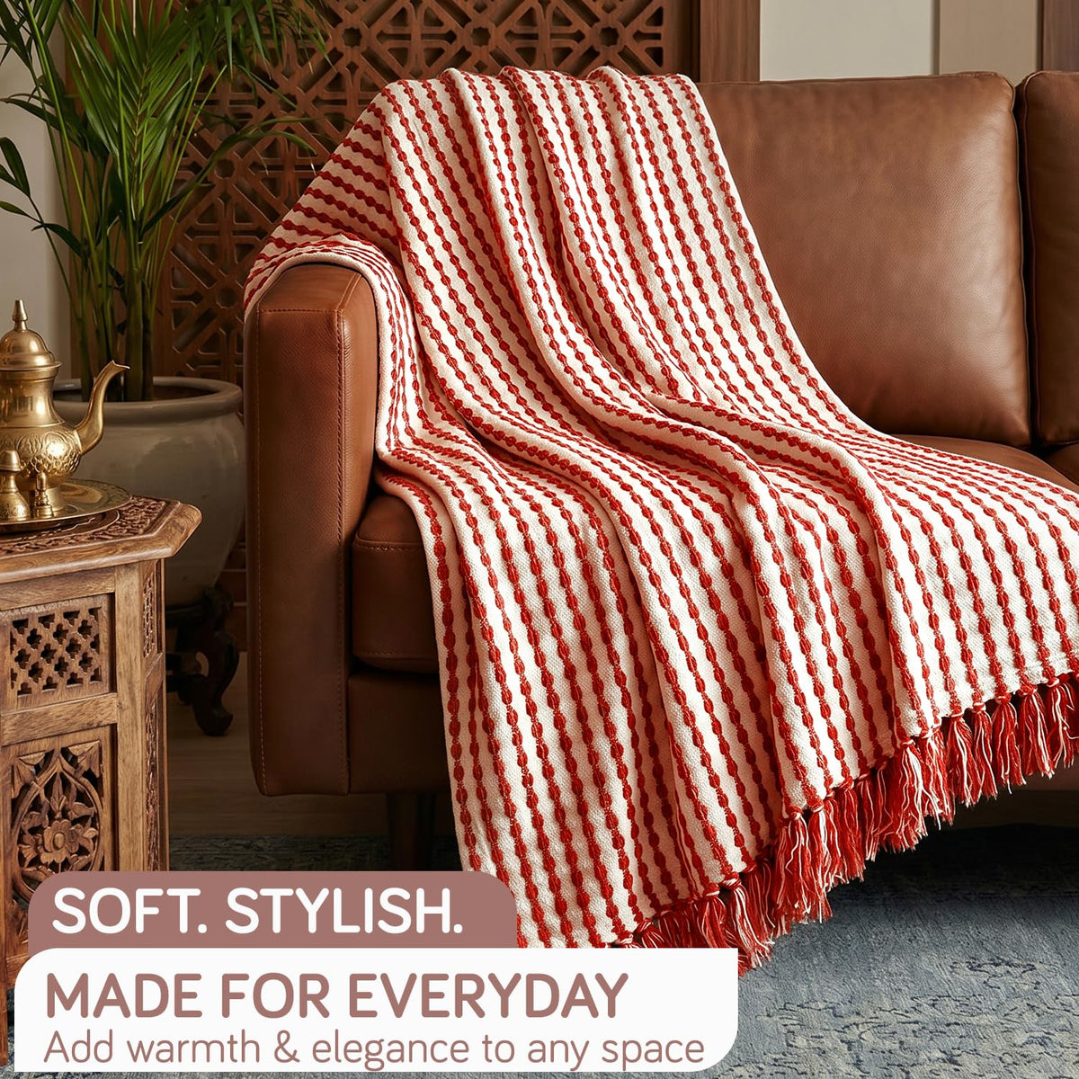 HOKIPO Willow Breeze Chain Stripe Sofa Throw Blanket, 50x60 in, Burnt Coral - image 6