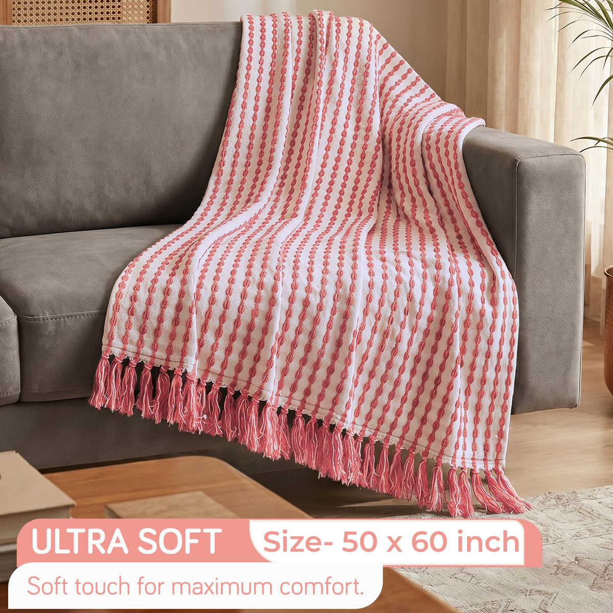 HOKIPO Willow Breeze Chain Stripe Sofa Throw Blanket, 50x60 in, Pink Sorbet - image 4