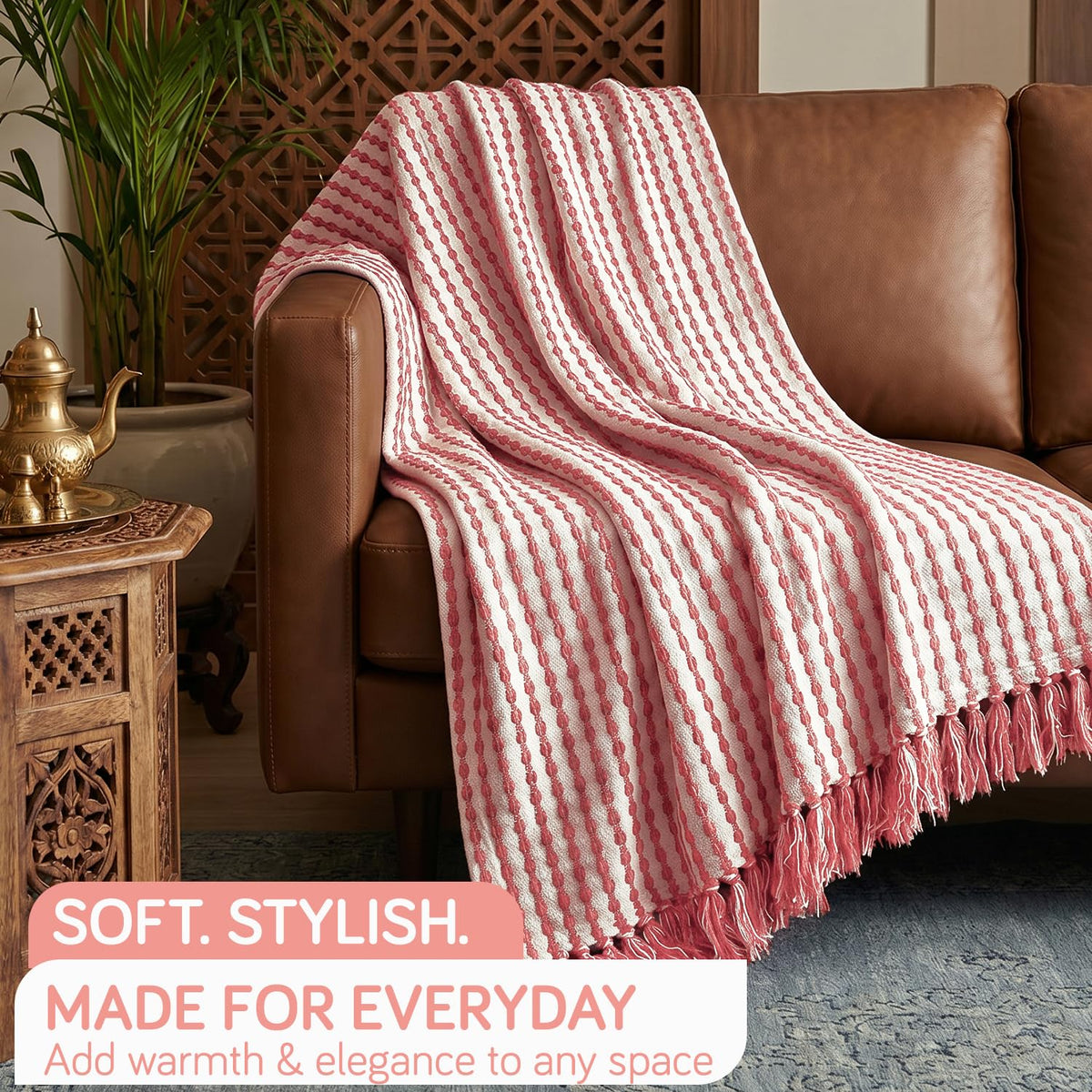 HOKIPO Willow Breeze Chain Stripe Sofa Throw Blanket, 50x60 in, Pink Sorbet - image 6