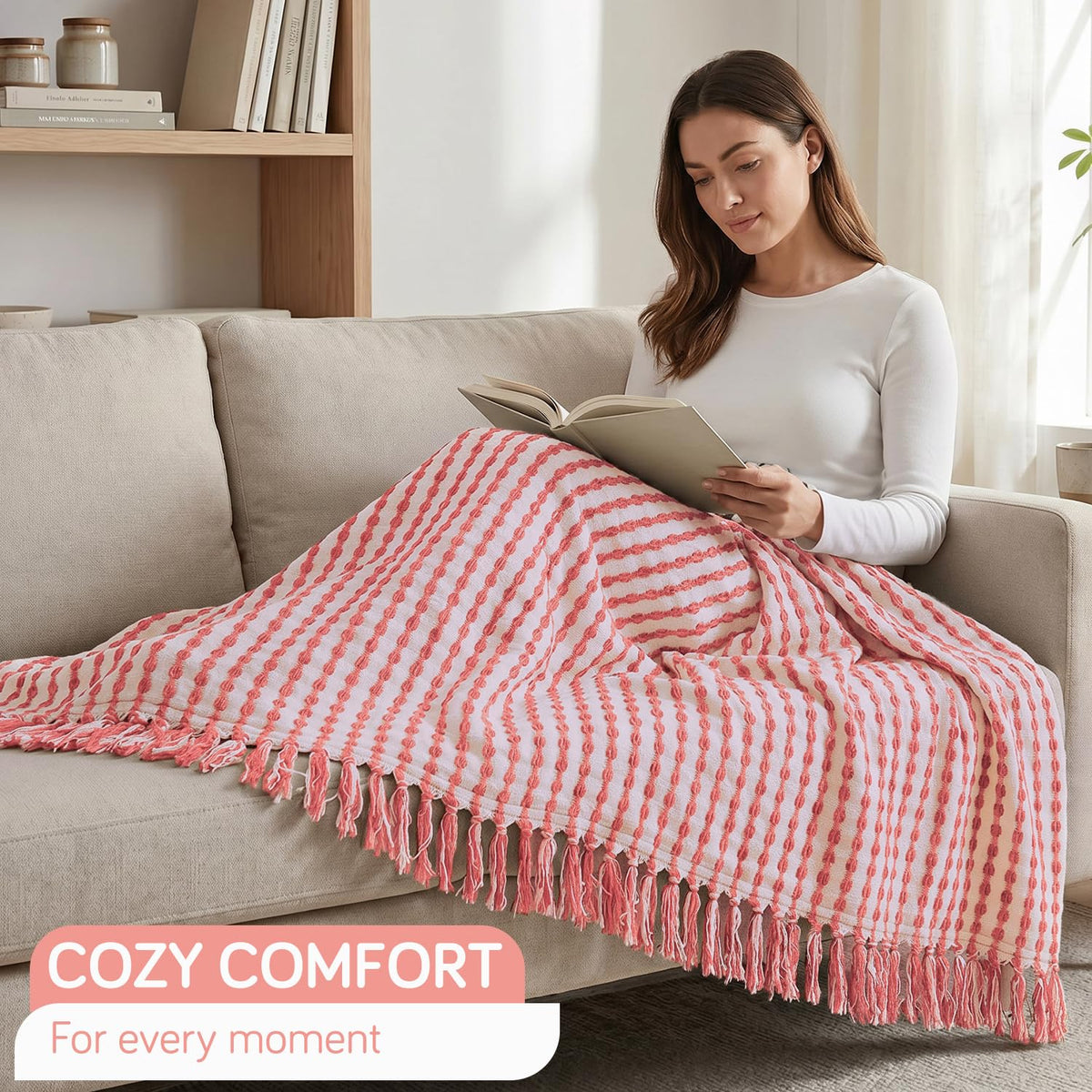 HOKIPO Willow Breeze Chain Stripe Sofa Throw Blanket, 50x60 in, Pink Sorbet - image 7