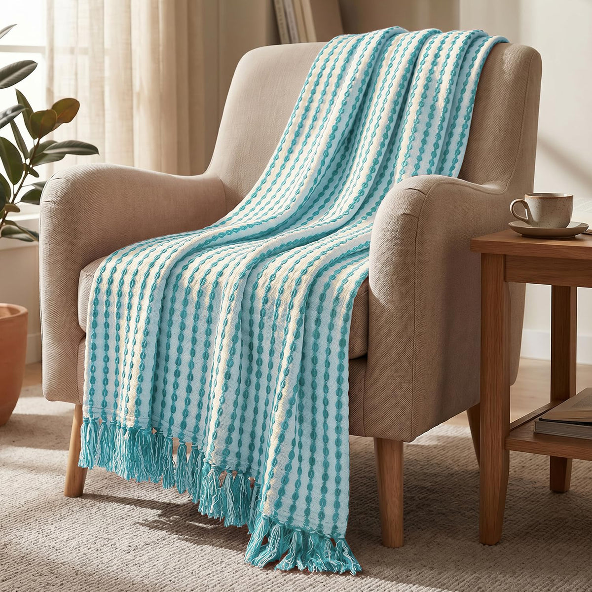 HOKIPO Willow Breeze Chain Stripe Sofa Throw Blanket, 50x60 in, Aqua Breeze - image 1