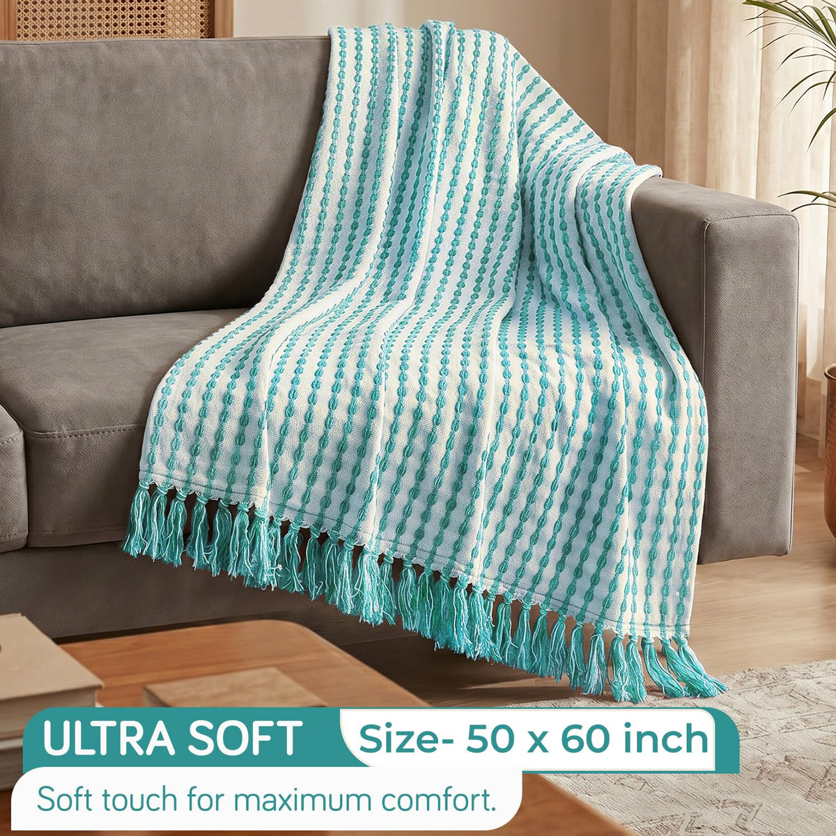 HOKIPO Willow Breeze Chain Stripe Sofa Throw Blanket, 50x60 in, Aqua Breeze - image 4