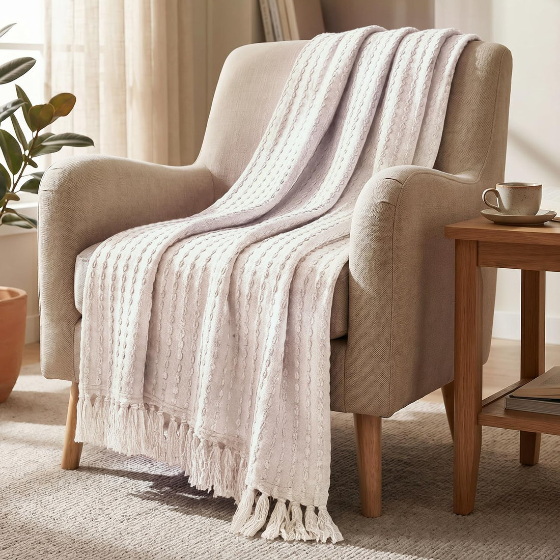 HOKIPO Willow Breeze Chain Stripe Sofa Throw Blanket, 50x60 in, Ivory Cream - image 1