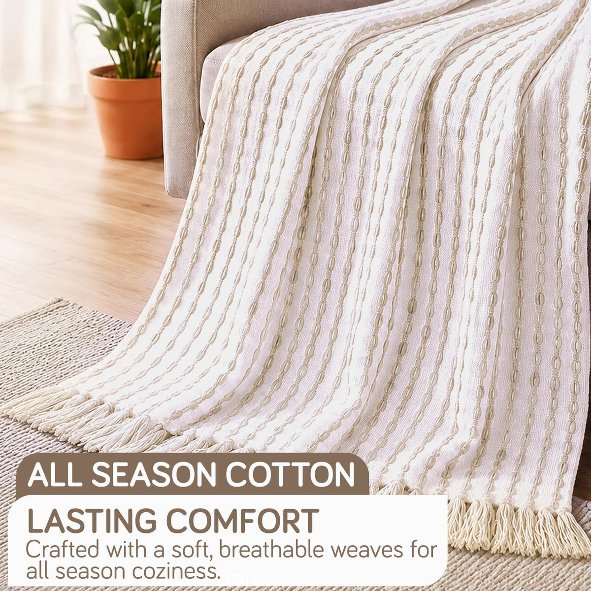 HOKIPO Willow Breeze Chain Stripe Sofa Throw Blanket, 50x60 in, Ivory Cream - image 2