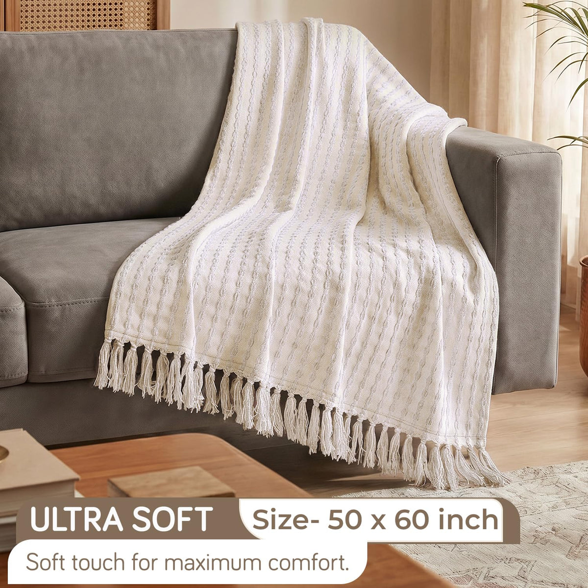 HOKIPO Willow Breeze Chain Stripe Sofa Throw Blanket, 50x60 in, Ivory Cream - image 4