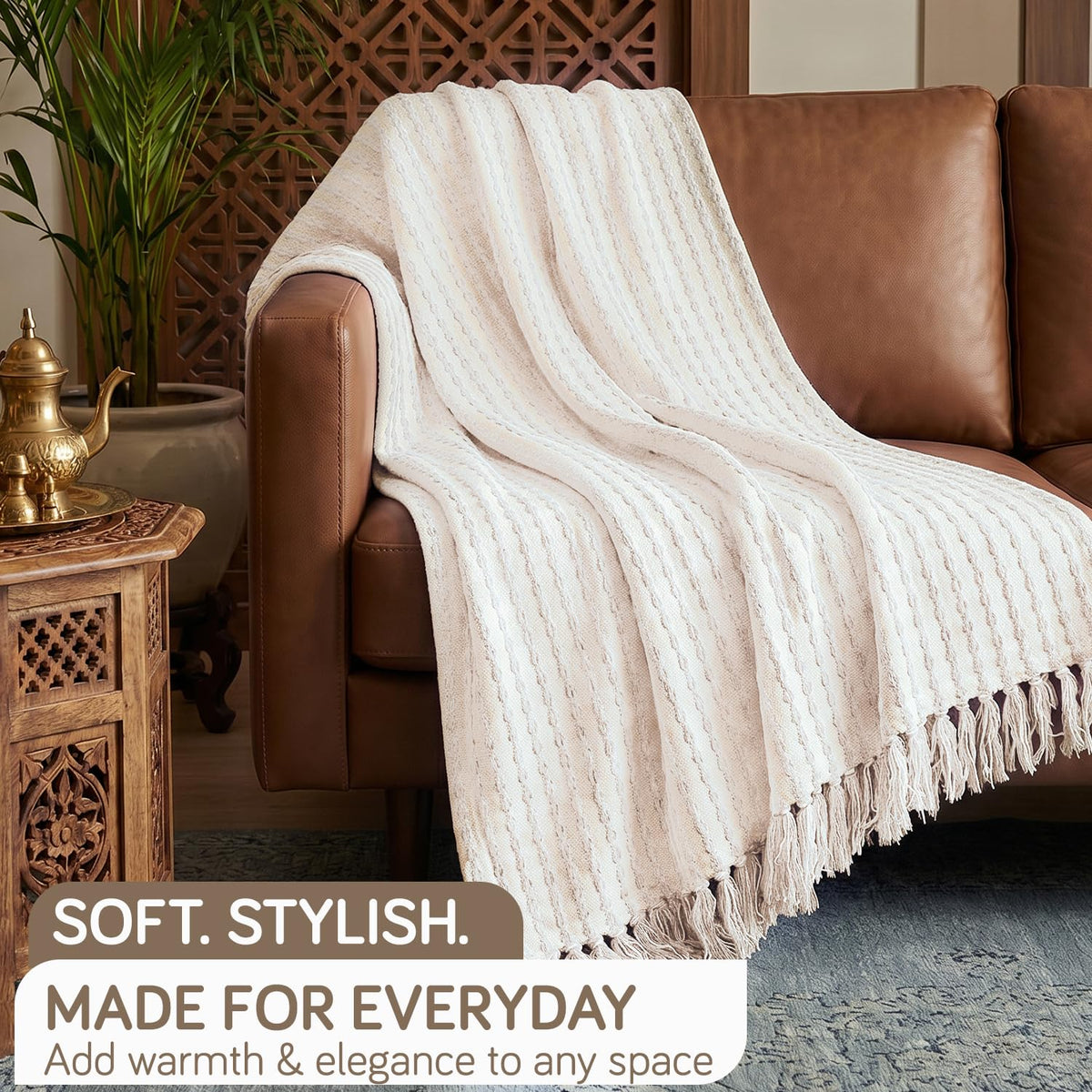 HOKIPO Willow Breeze Chain Stripe Sofa Throw Blanket, 50x60 in, Ivory Cream - image 6