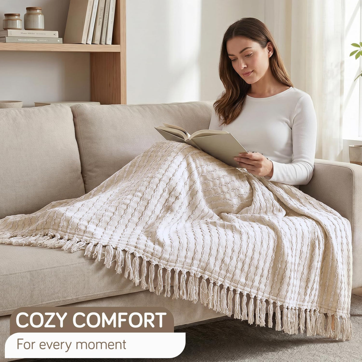 HOKIPO Willow Breeze Chain Stripe Sofa Throw Blanket, 50x60 in, Ivory Cream - image 7