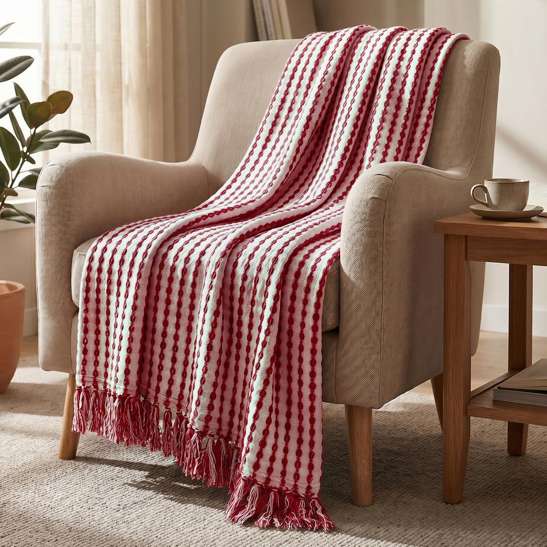 HOKIPO Willow Breeze Chain Stripe Sofa Throw Blanket, 50x60 in, Scarlet Red - image 1