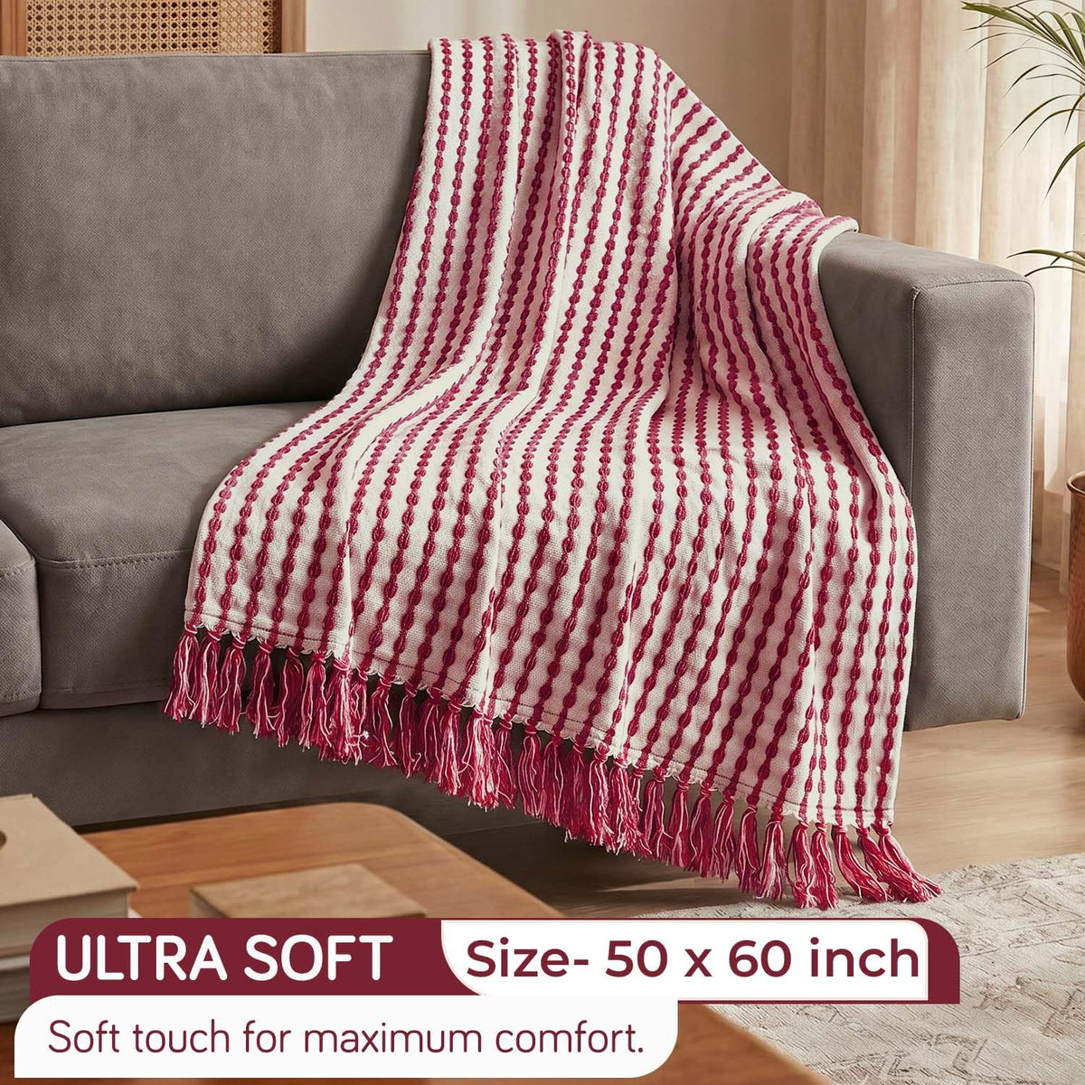 HOKIPO Willow Breeze Chain Stripe Sofa Throw Blanket, 50x60 in, Scarlet Red - image 4