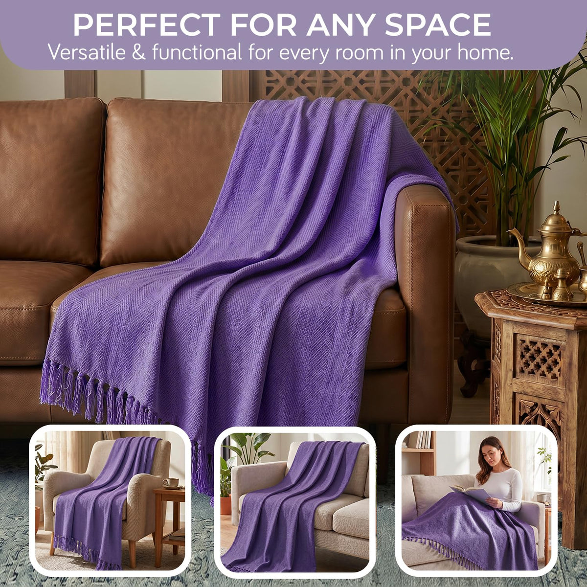 HOKIPO Blush Haven Herringbone Sofa Throw Blanket, 50x60 in, Iris Purple - image 5