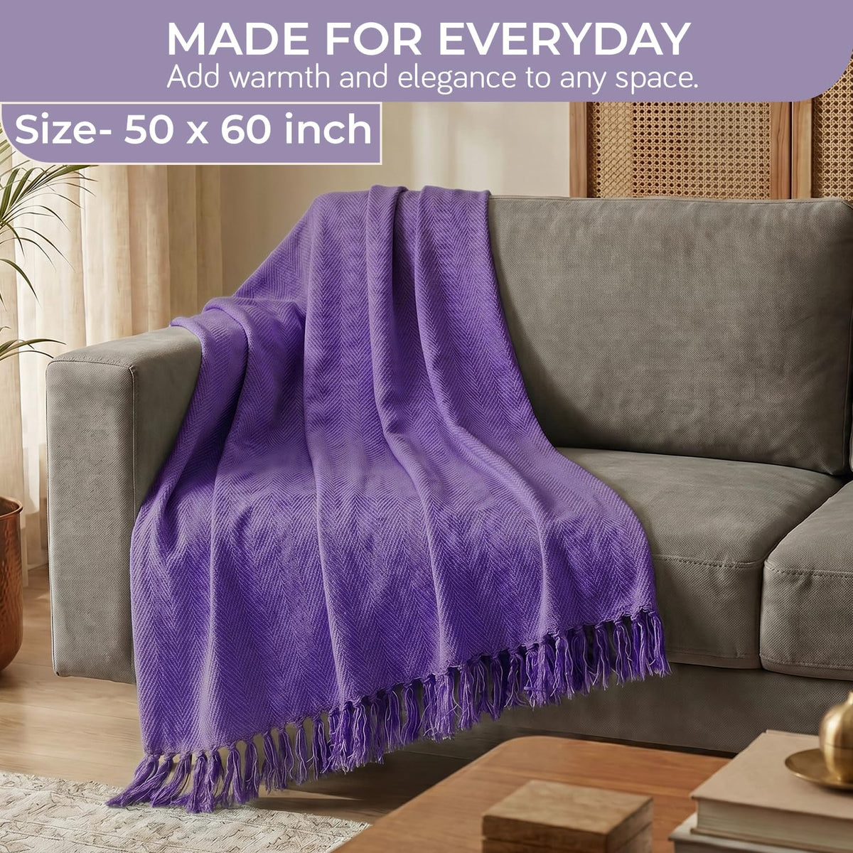 HOKIPO Blush Haven Herringbone Sofa Throw Blanket, 50x60 in, Iris Purple - image 6