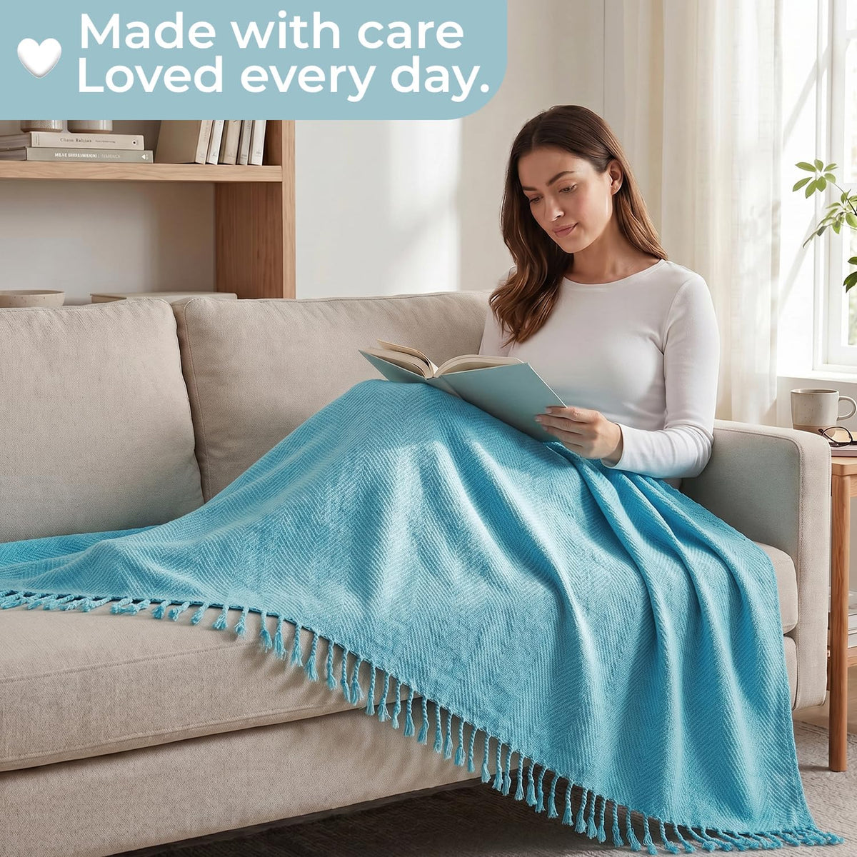 HOKIPO Blush Haven Herringbone Sofa Throw Blanket, 50x60 in, Breeze Blue - image 4
