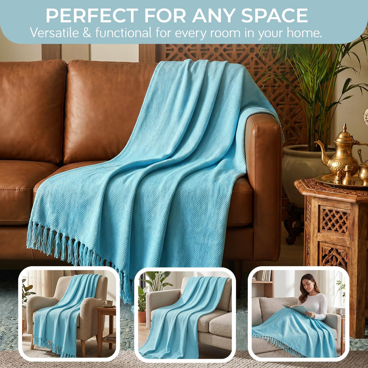 HOKIPO Blush Haven Herringbone Sofa Throw Blanket, 50x60 in, Breeze Blue - image 5