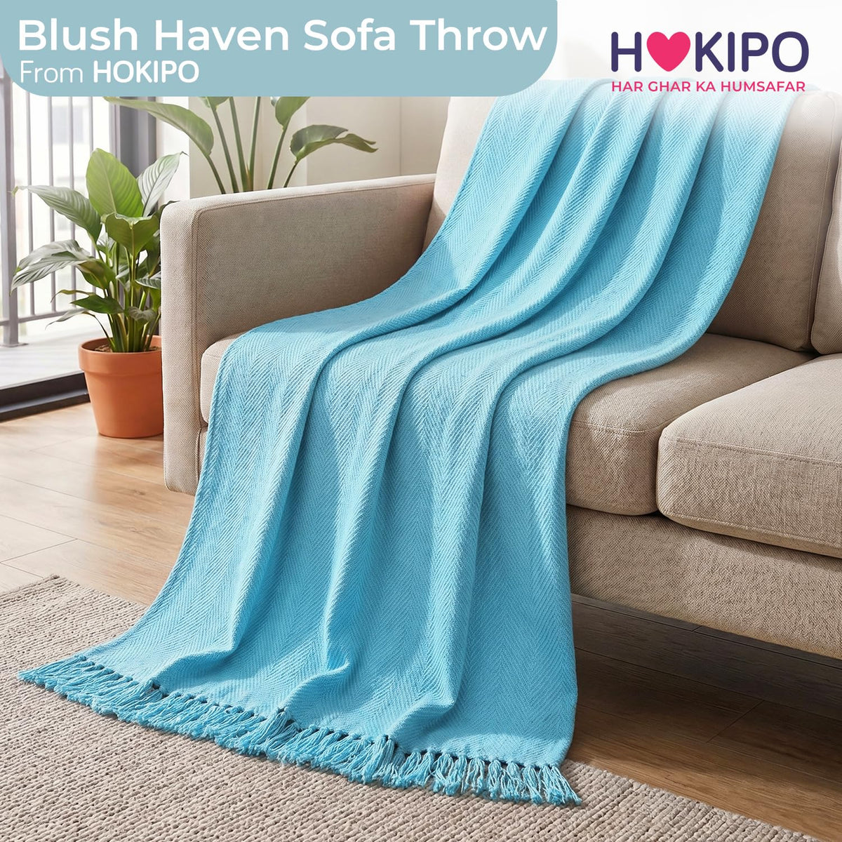 HOKIPO Blush Haven Herringbone Sofa Throw Blanket, 50x60 in, Breeze Blue - image 7