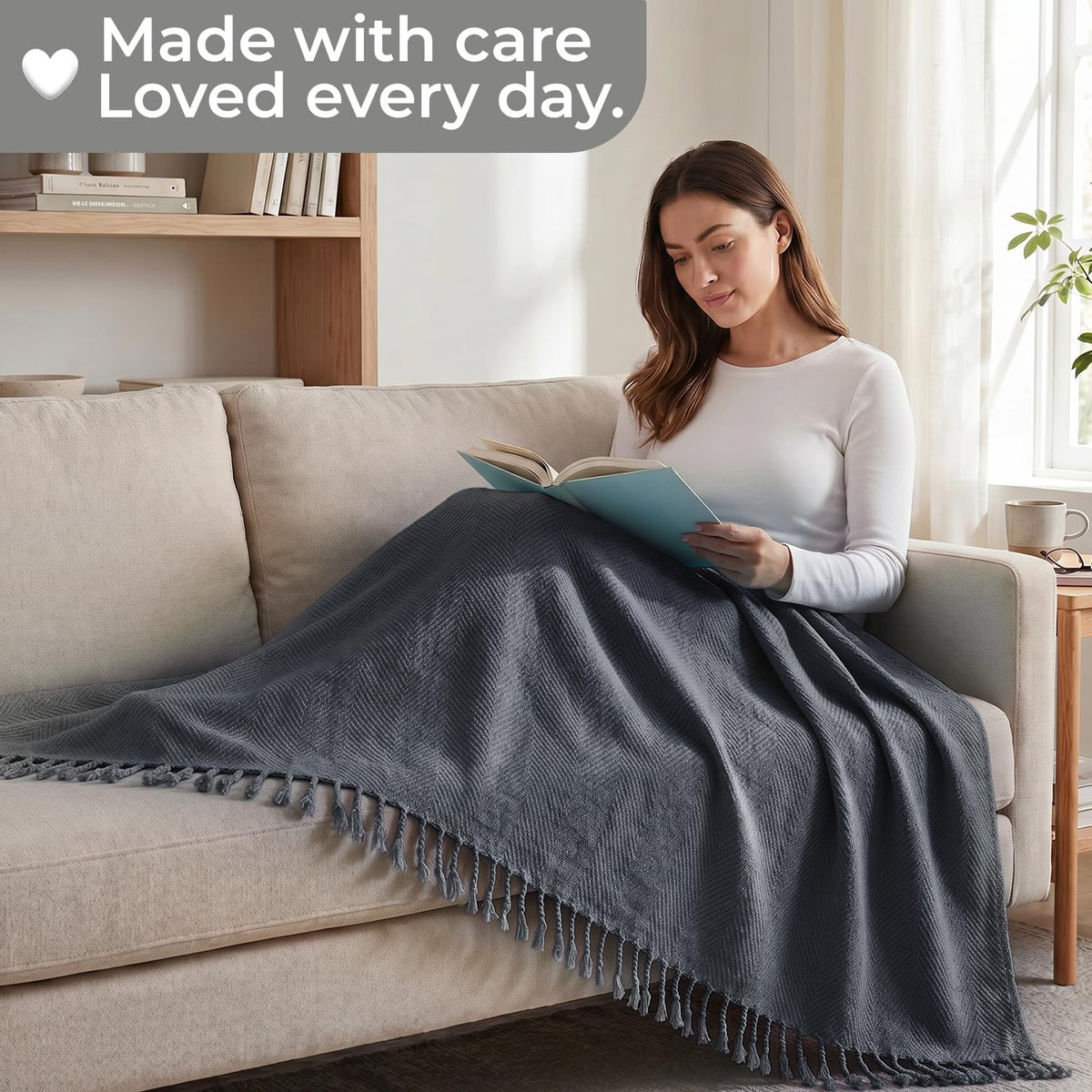 HOKIPO Blush Haven Herringbone Sofa Throw Blanket, 50x60 in, Drift Grey - image 4