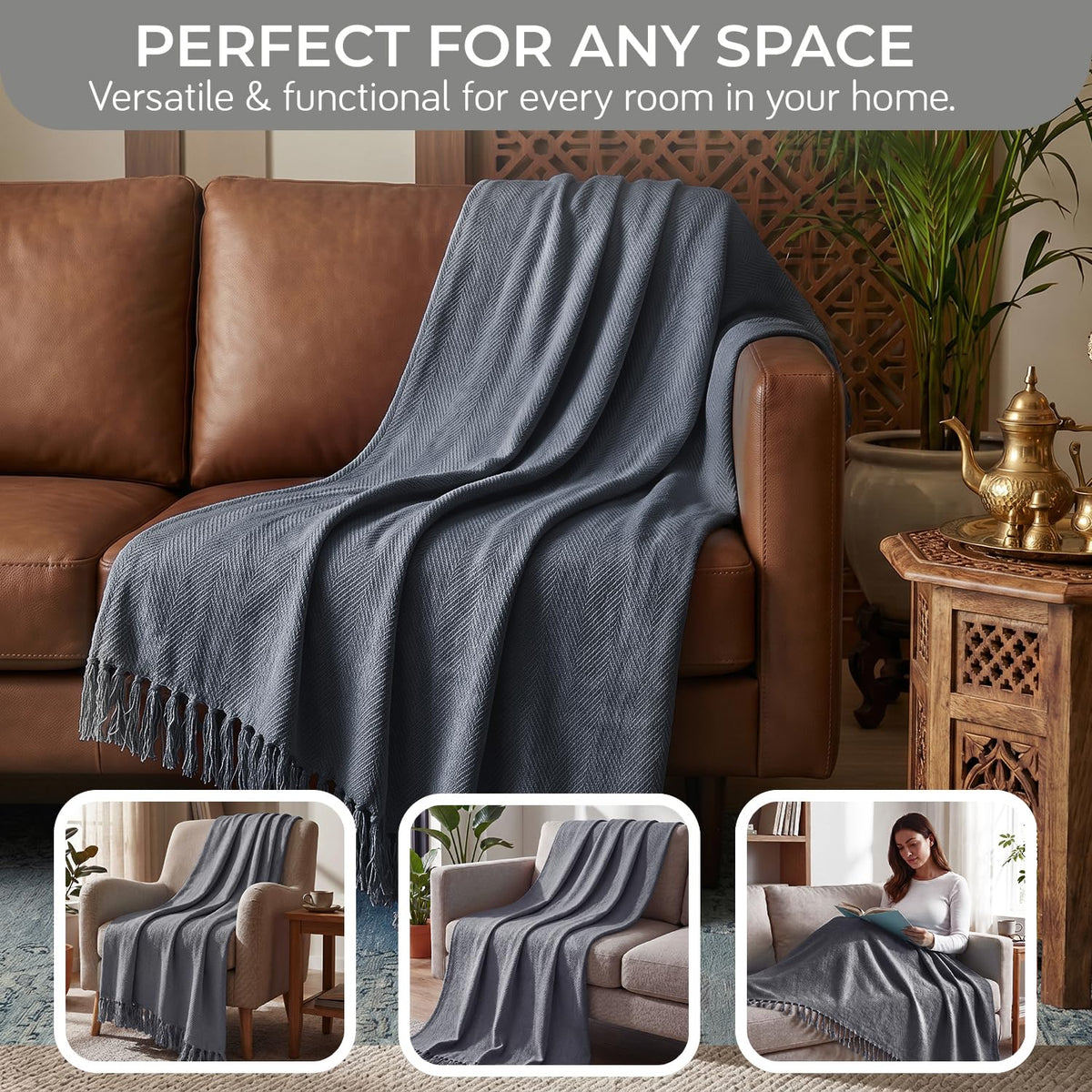 HOKIPO Blush Haven Herringbone Sofa Throw Blanket, 50x60 in, Drift Grey - image 5