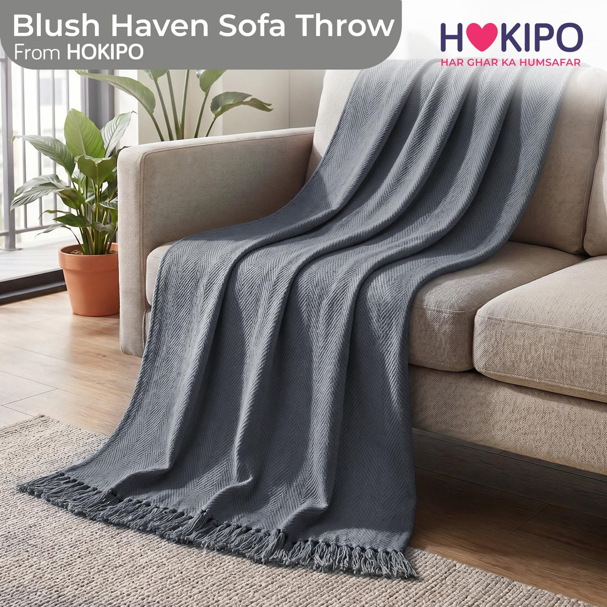 HOKIPO Blush Haven Herringbone Sofa Throw Blanket, 50x60 in, Drift Grey - image 7