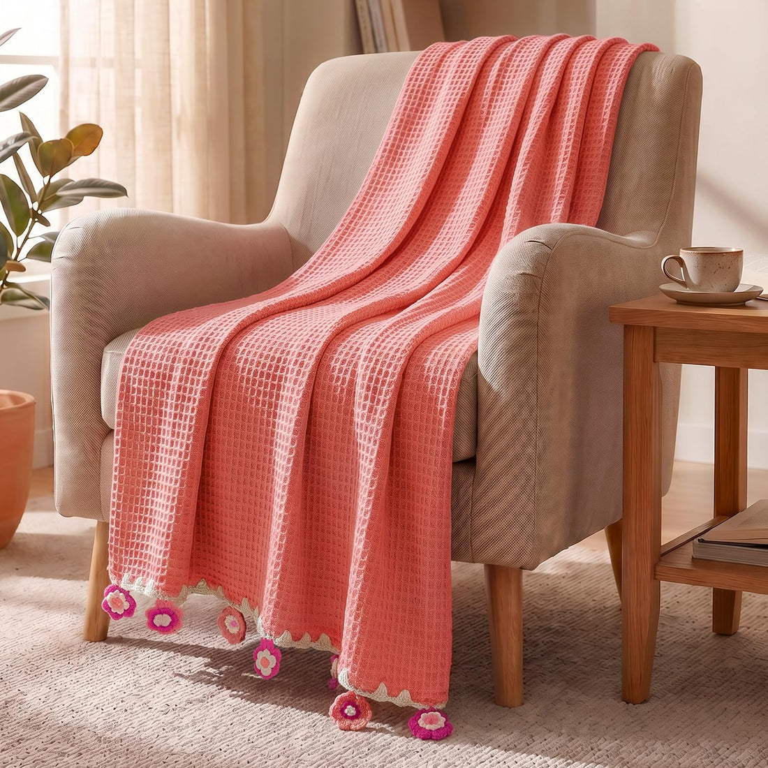 HOKIPO Floral Fringe Waffle Weave Sofa Throw Blanket, 50x60 in, Peach - image 1