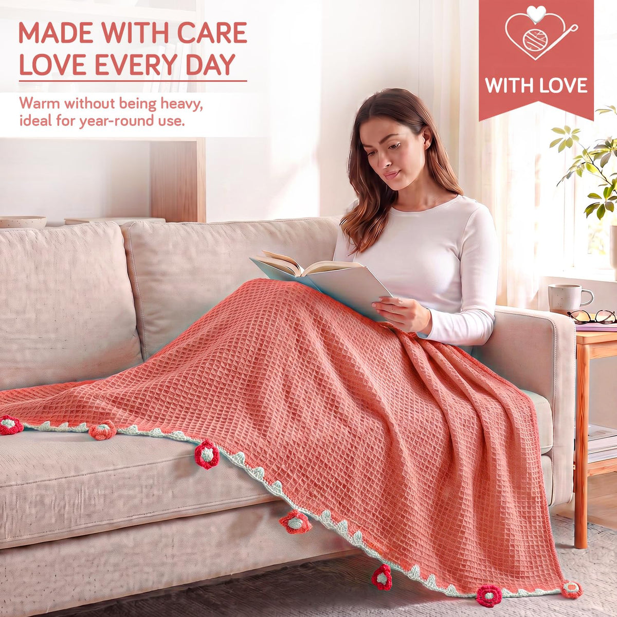 HOKIPO Floral Fringe Waffle Weave Sofa Throw Blanket, 50x60 in, Peach - image 2